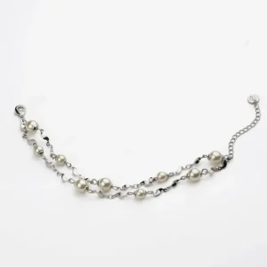 Ordine In Blocco Bracciale A Due Fili Di Catenina Fantasia In Brass Rodiato Intervallata Da Perle Crema In Due Misure 6mm E 8mm - Chiusur