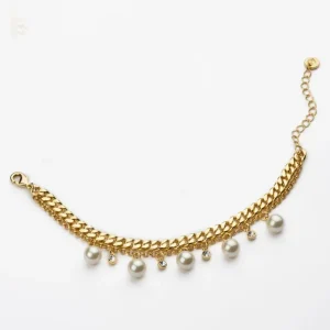 Scelto Dai Clienti Bracciale A Due Giri Di Catena In Brass Dorato Con Cristalli E Perle Crema Pendenti Da 8mm - Chiusura Regolabile