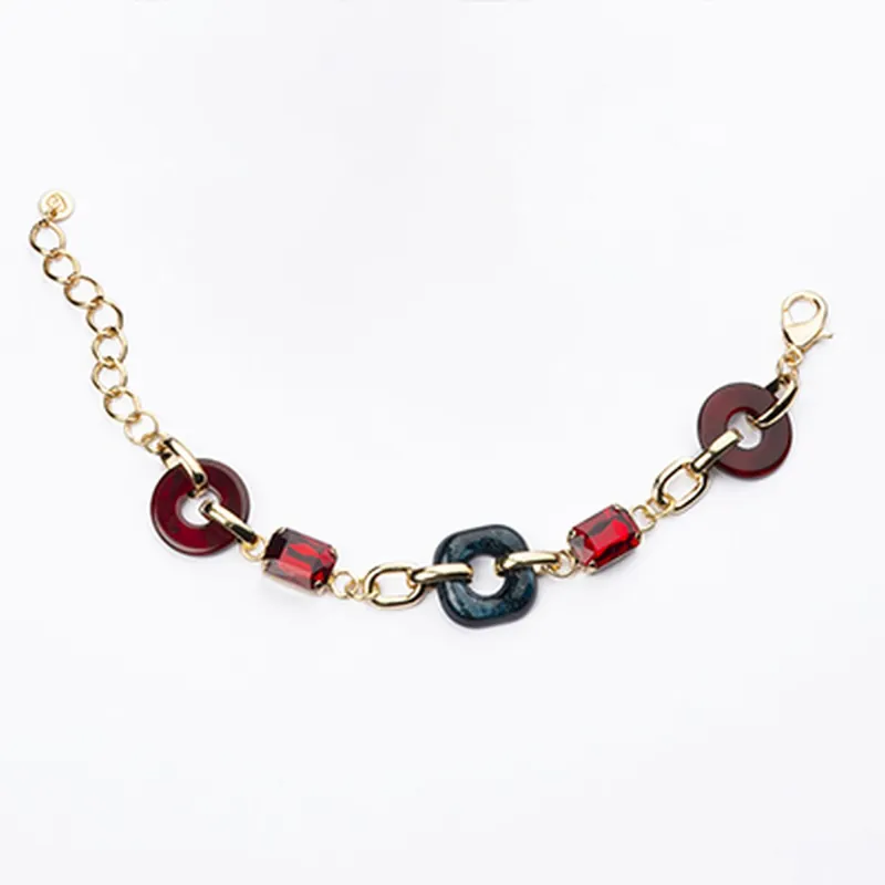 Bracciale Di Catena In Metallo Dorato Con Ovali In Resina Rossa E Blu Con Castoni Rubino- Misura Regolabile Consegna Rapida