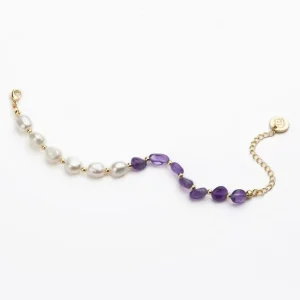 Bracciale Con Pietre Dure Ametista E Perle Di Fiume Intervallate Da Sfere In Metallo Dorato - Chiusura Regolabile Professionale