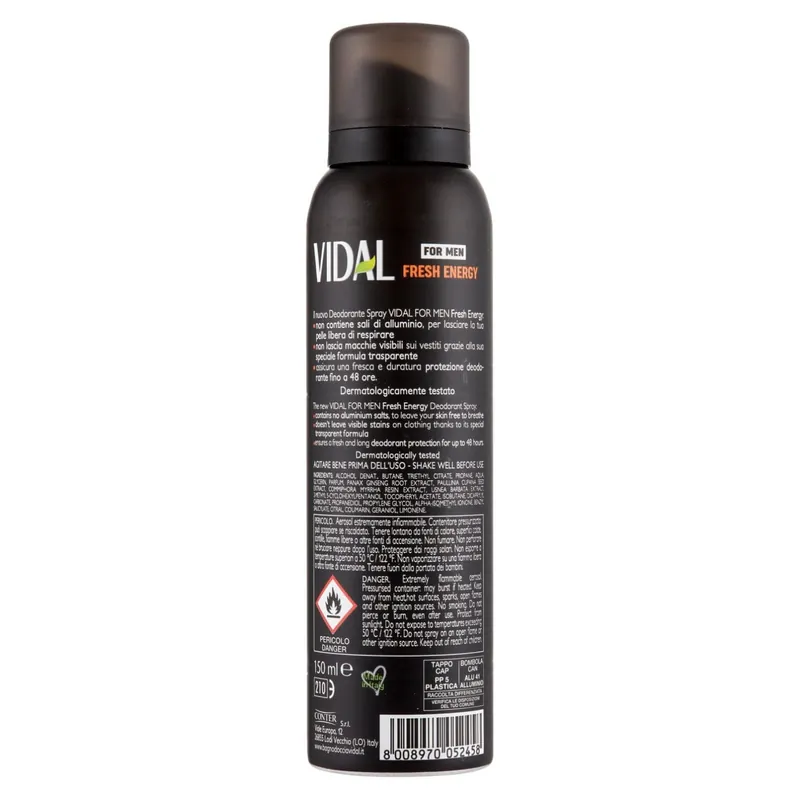 Alta Qualità Vidal For Men Fresh Energy Deo Spray Dermotestato 150 Ml